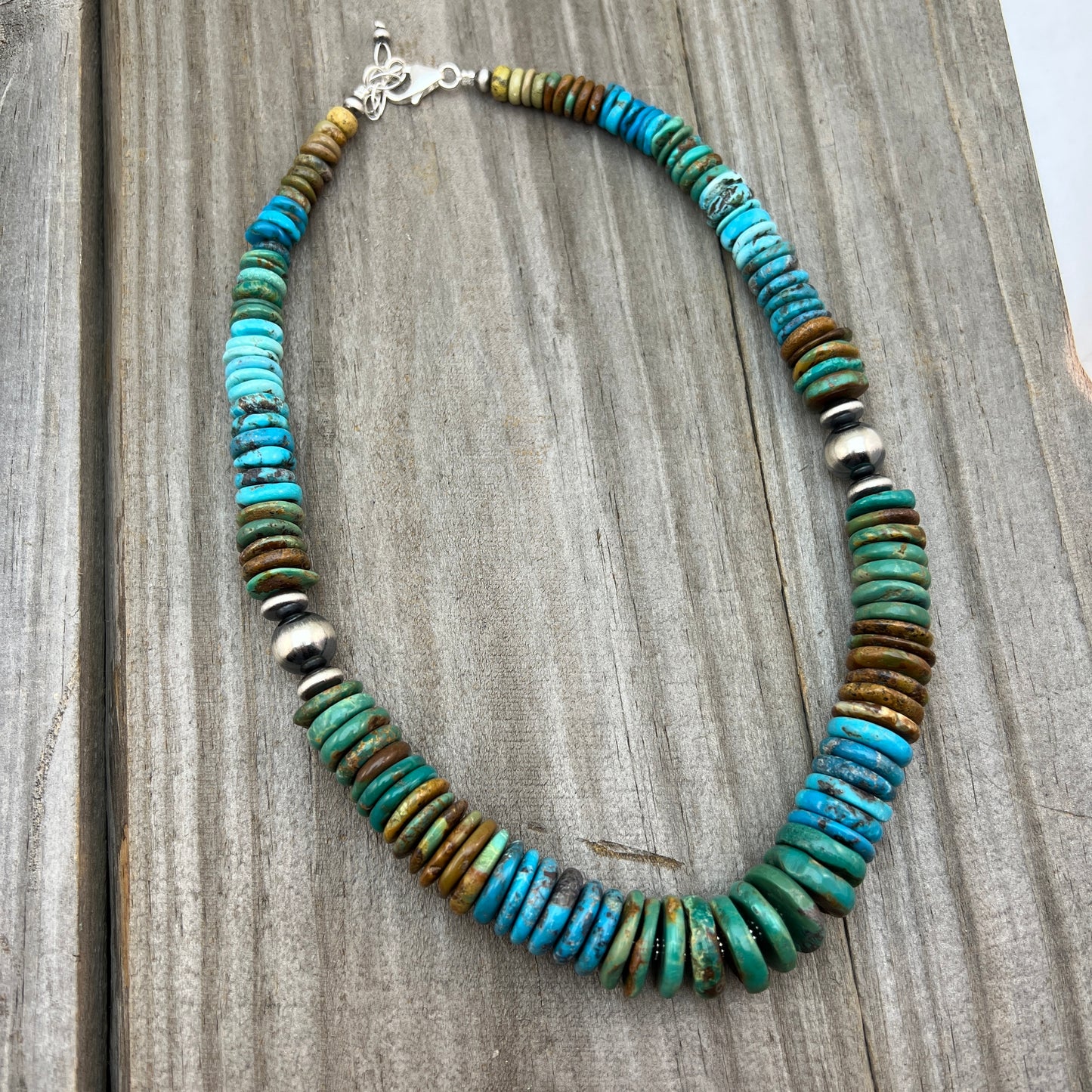RTS 19 1/2" Turquoise Disc Necklace Choker Sterling Silver Beads, boho choker 640