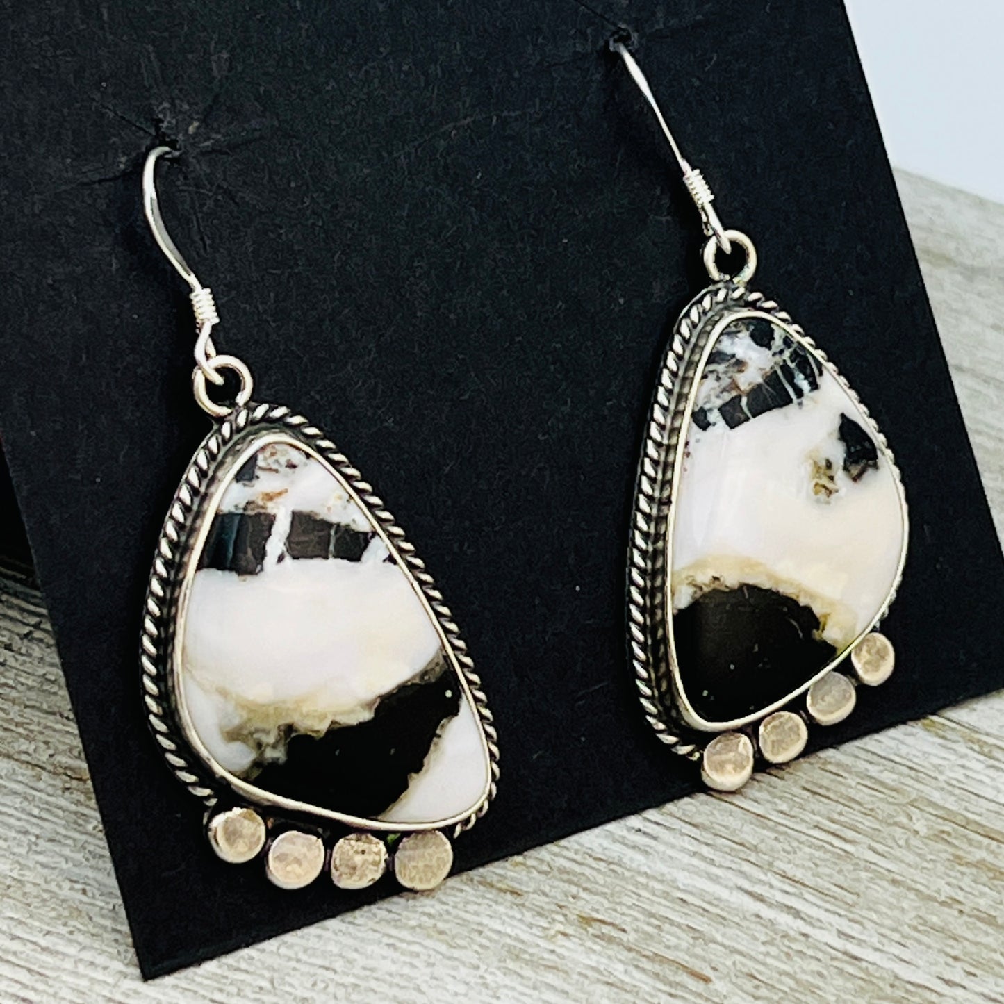White Buffalo stone dangle earrings sterling silver Sharon McCarthy Navajo ER49