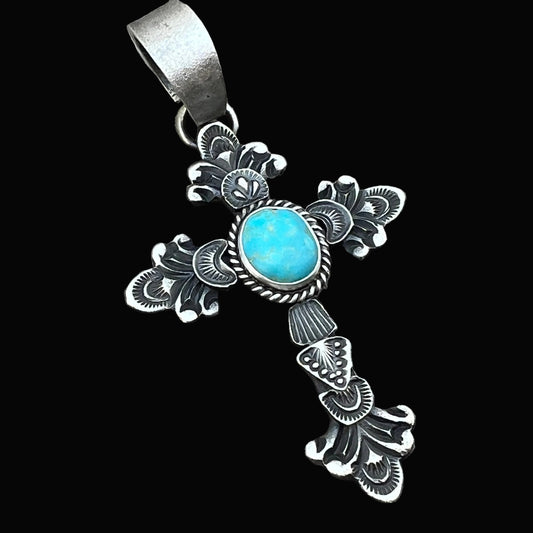 Kingman turquoise ornate cross pendant sterling silver Kevin Billah Navajo 807