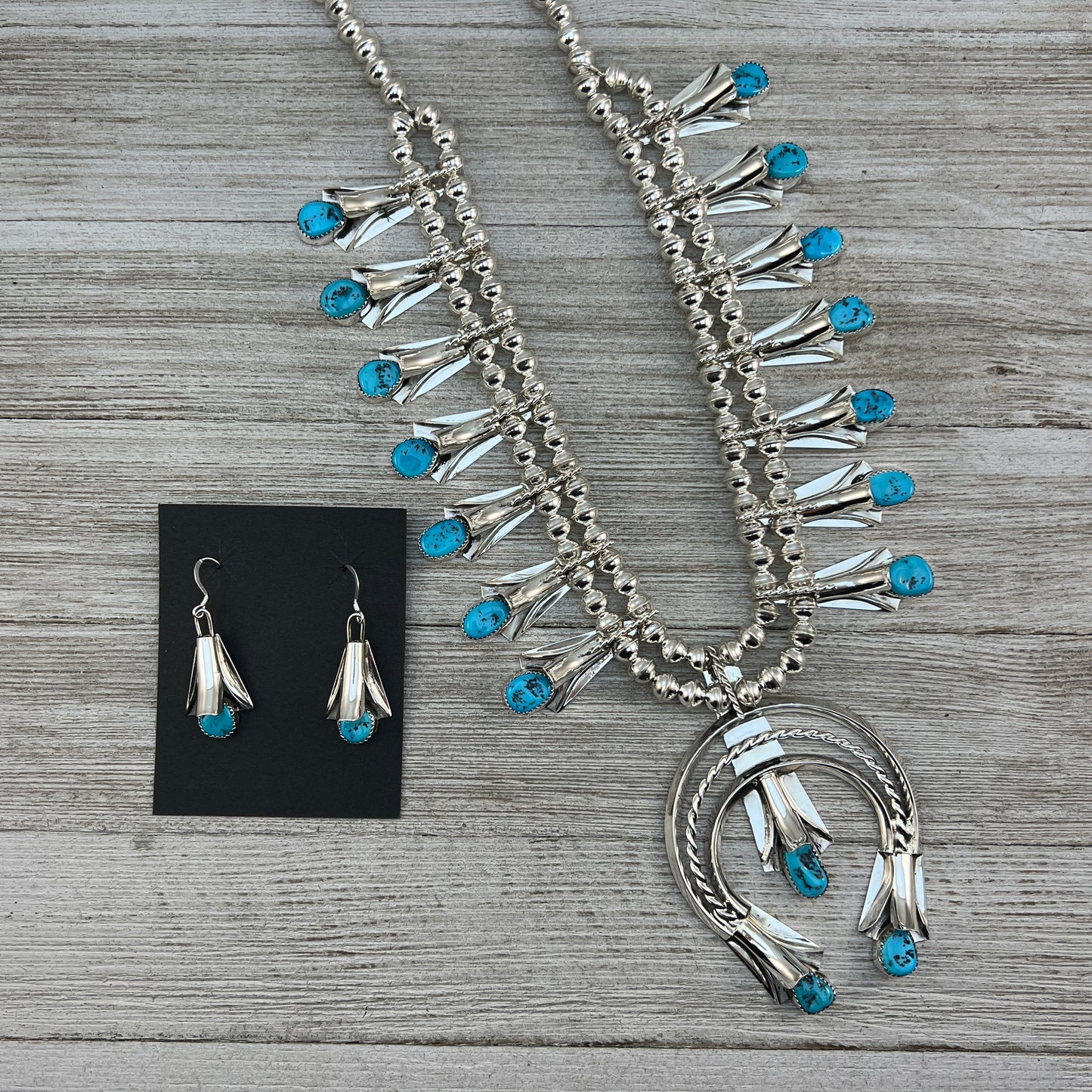 24" Sleeping Beauty Turquoise  squash blossom necklace Louise Yazzie Sterling silver set