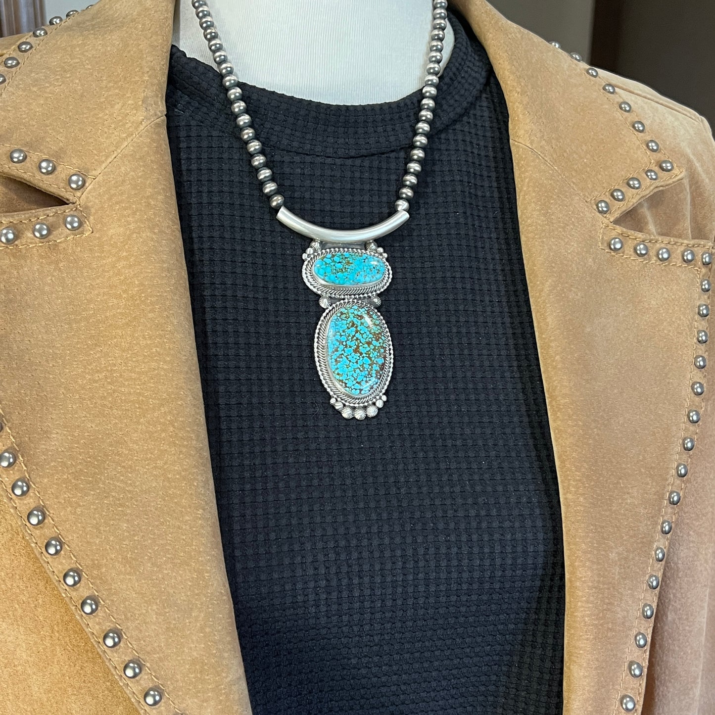 Kingman Turquoise 18" necklace Sterling silver oxidized beads pearls TOM LEWIS