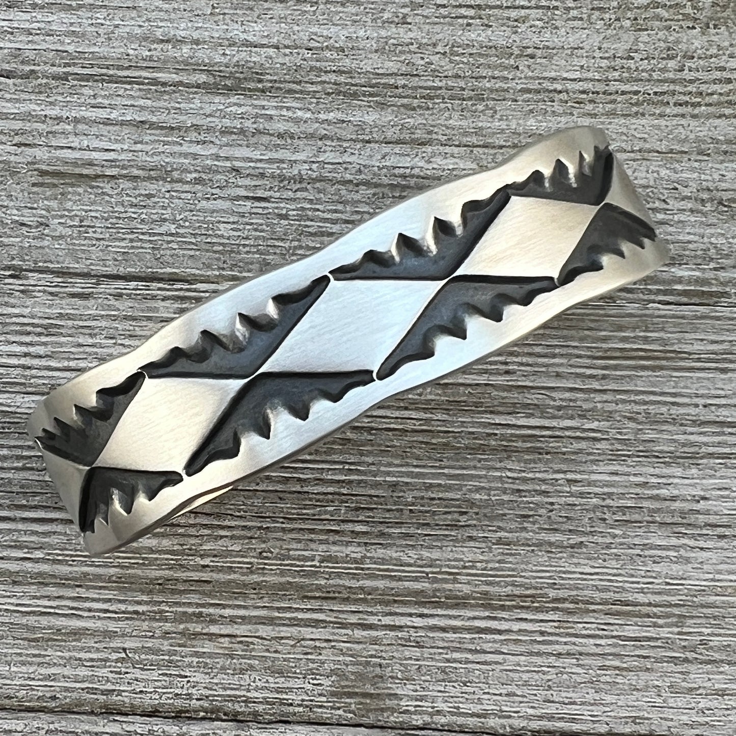 6 1/2" Heavy Stamped cuff bracelet 1, Navajo handmade Jerrold Tahe sterling silver stack