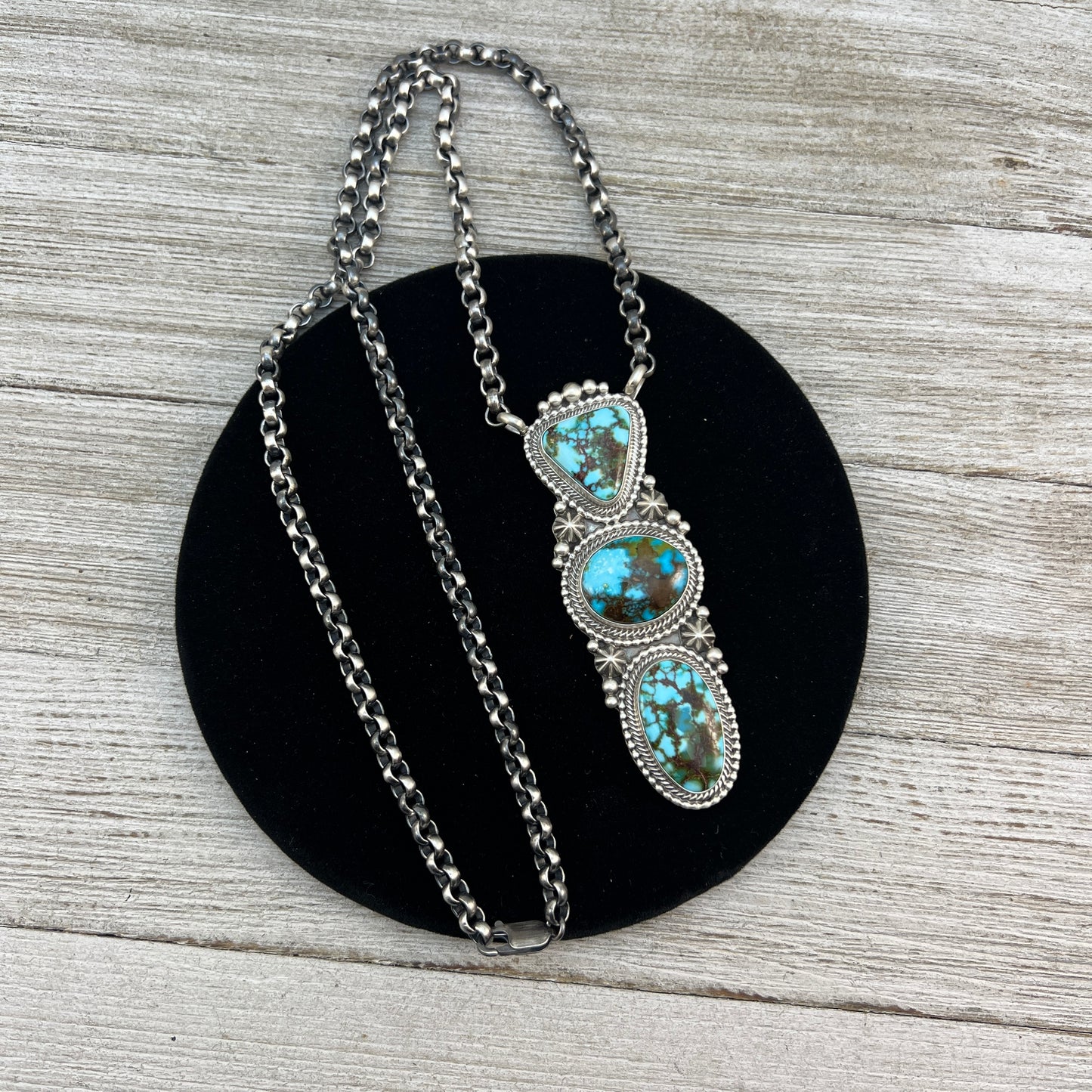 24" Kingman turquoise Necklace 1, Sterling Silver Rolo Chain Tom Lewis