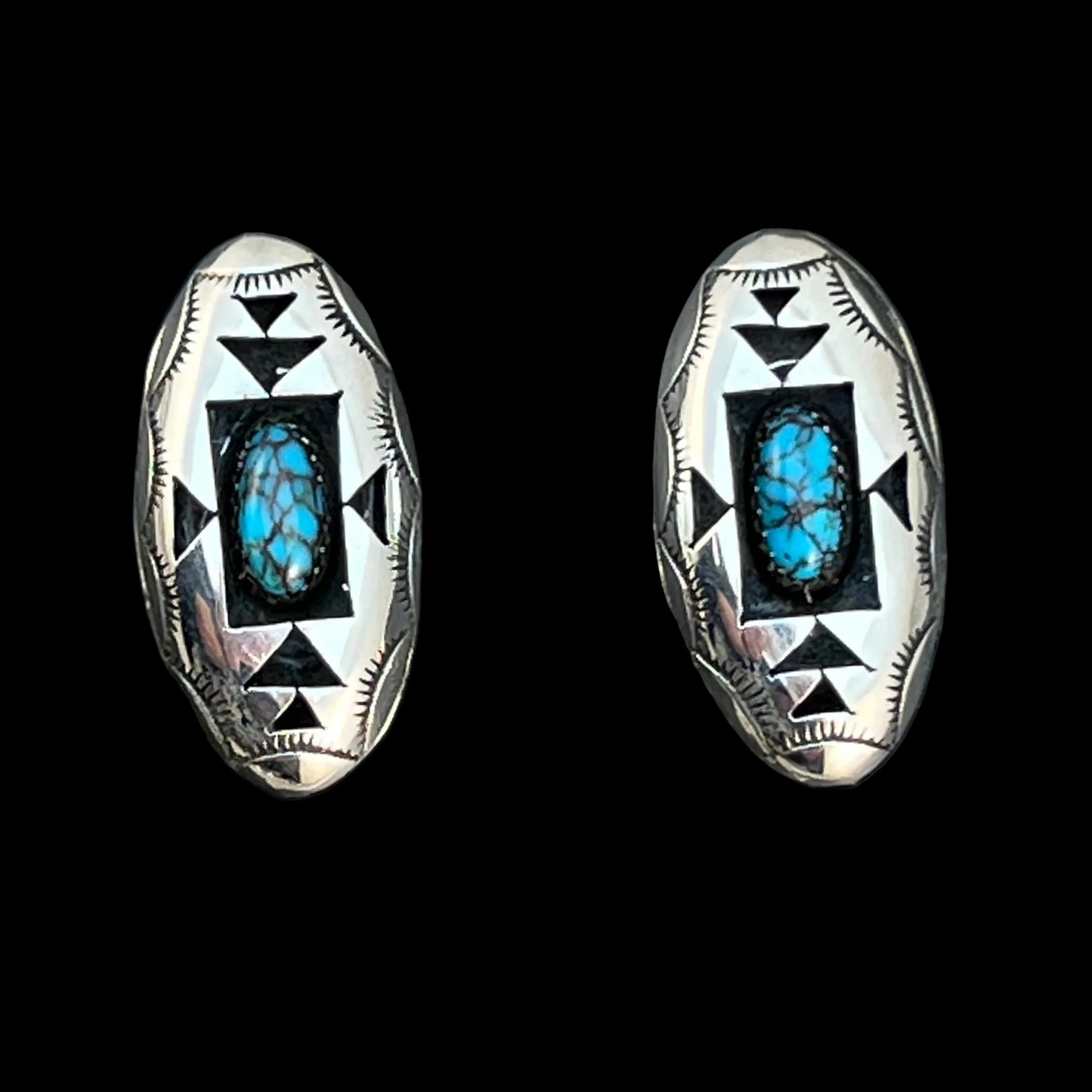 oval concho shadowbox post stud earrings, sterling silver turquoise Felix Perry 834