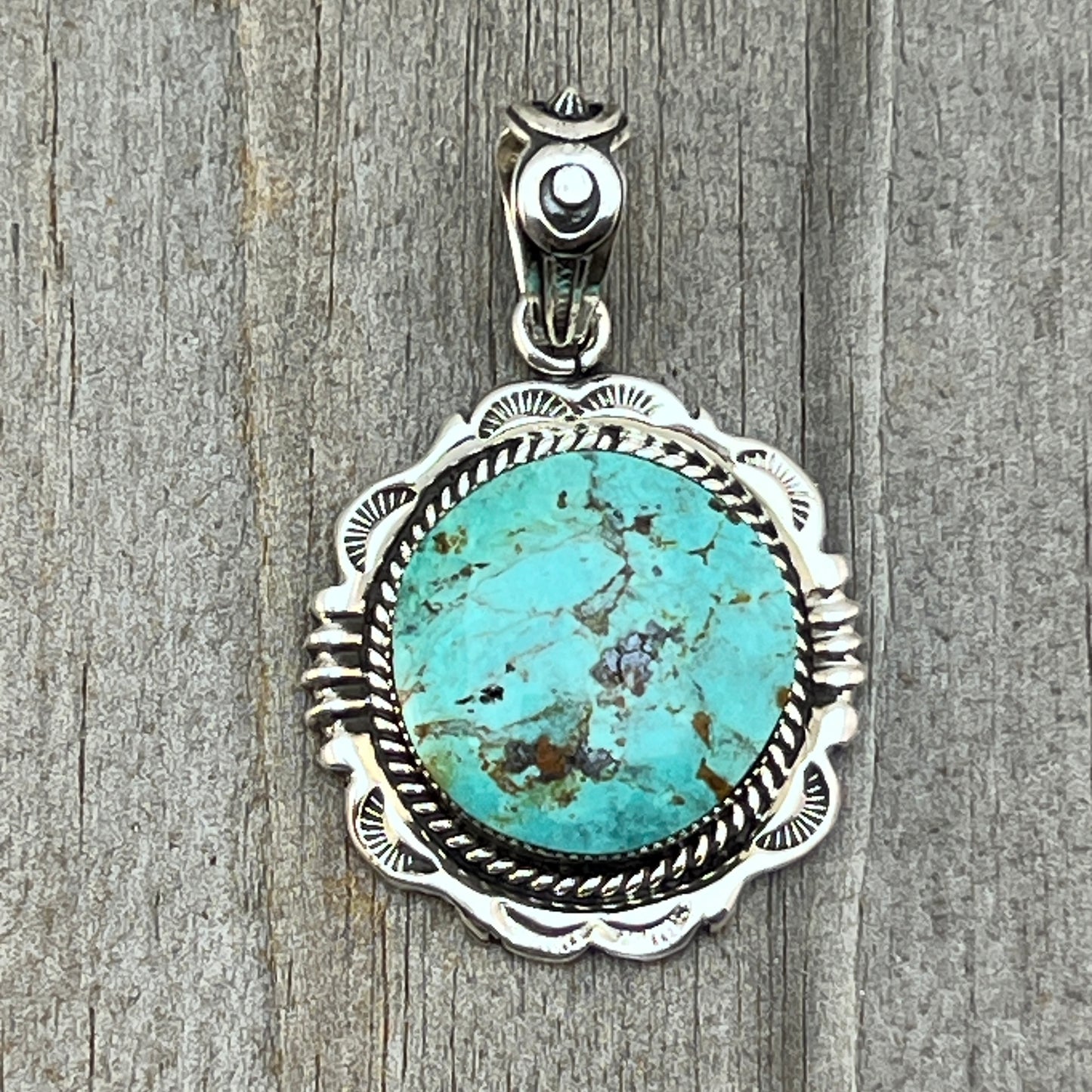 Kingman Turquoise Pendant Sterling silver Navajo handmade Jeremy Delgarito 765