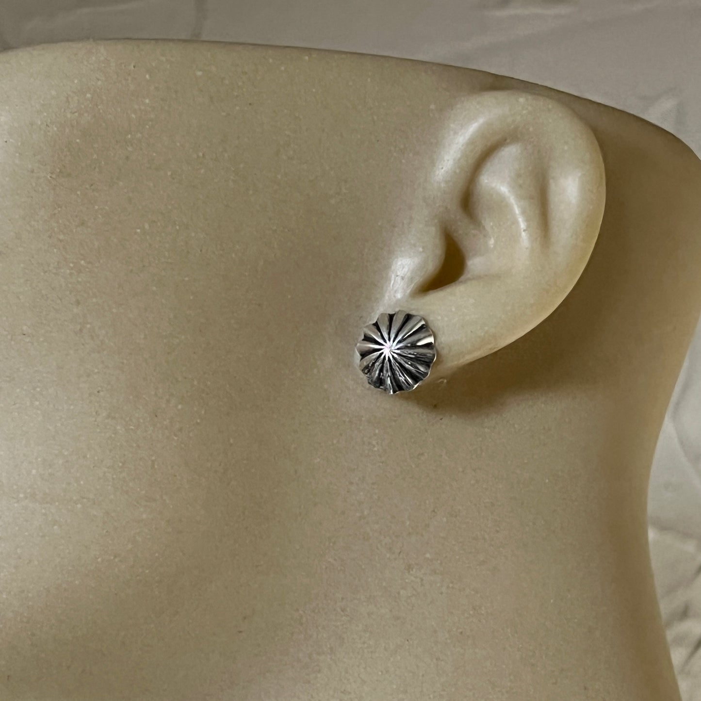 Lightweight small fluted Corrugated stamped concho earrings Sterling silver Sally Shurley