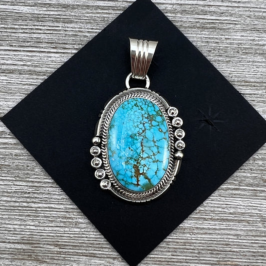 High Quality Blue Kingman Turquoise Pendant 6, Sterling Silver Daniel Benally