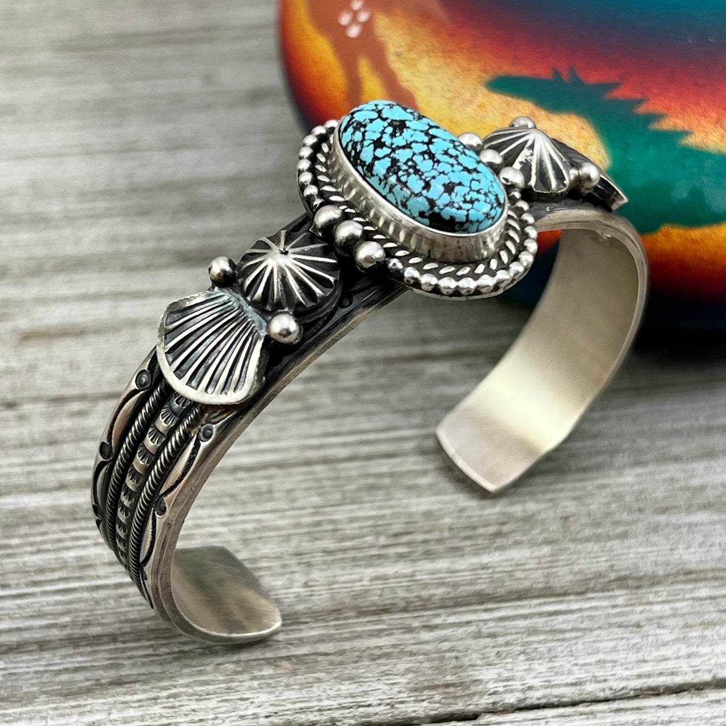 Kingman Black web spiderweb turquoise Bracelet Michael Calladitto Heavy made