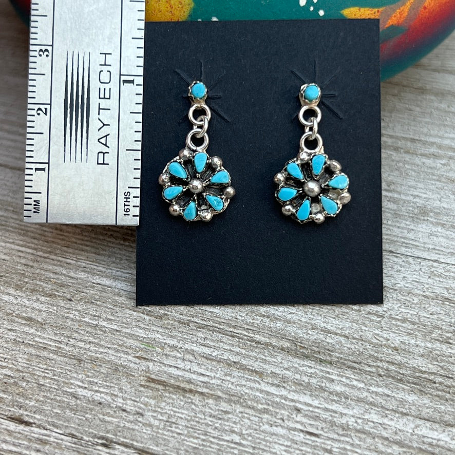 Small Zuni Petit point turquoise dangle cluster earrings, sterling silver turquoise Tricia Leekity