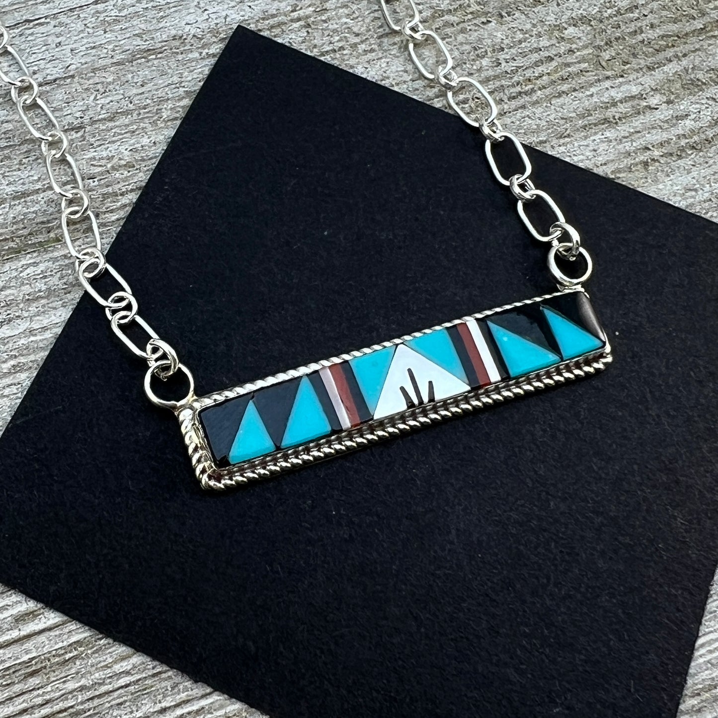 19" Zuni inlay turquoise coral Sterling silver Bar Necklace Rydell and Lynette Yuselew