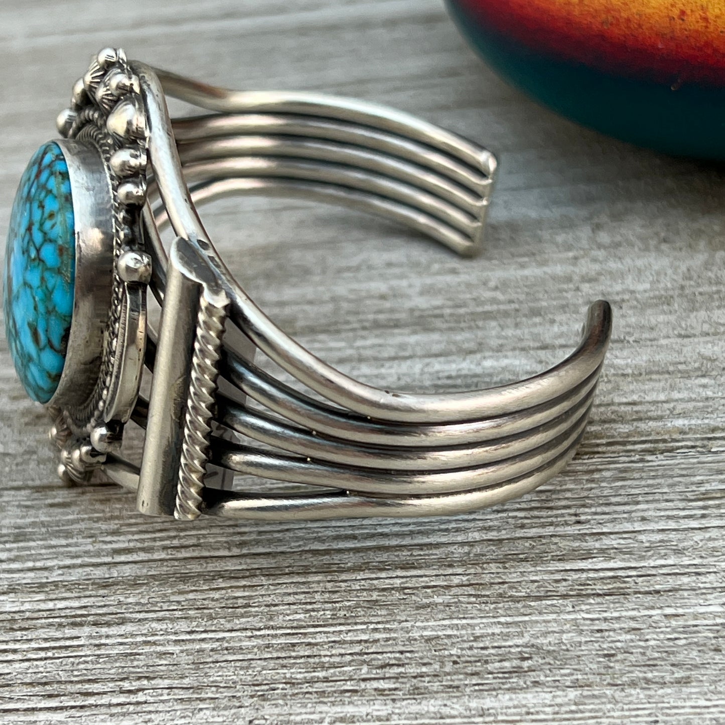 6.5" Kingman spiderweb turquoise cuff bracelet 2 Navajo sterling TOM LEWIS