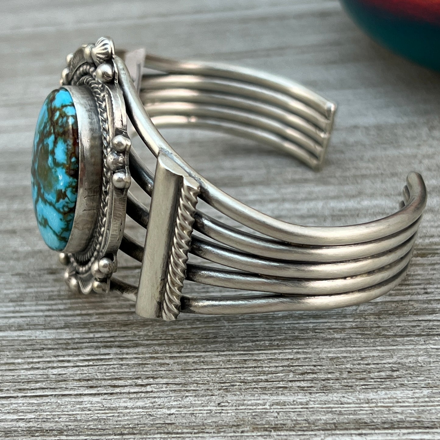 6.5" Kingman spiderweb turquoise, cuff bracelet 3 Navajo Tom Lewis sterling silver
