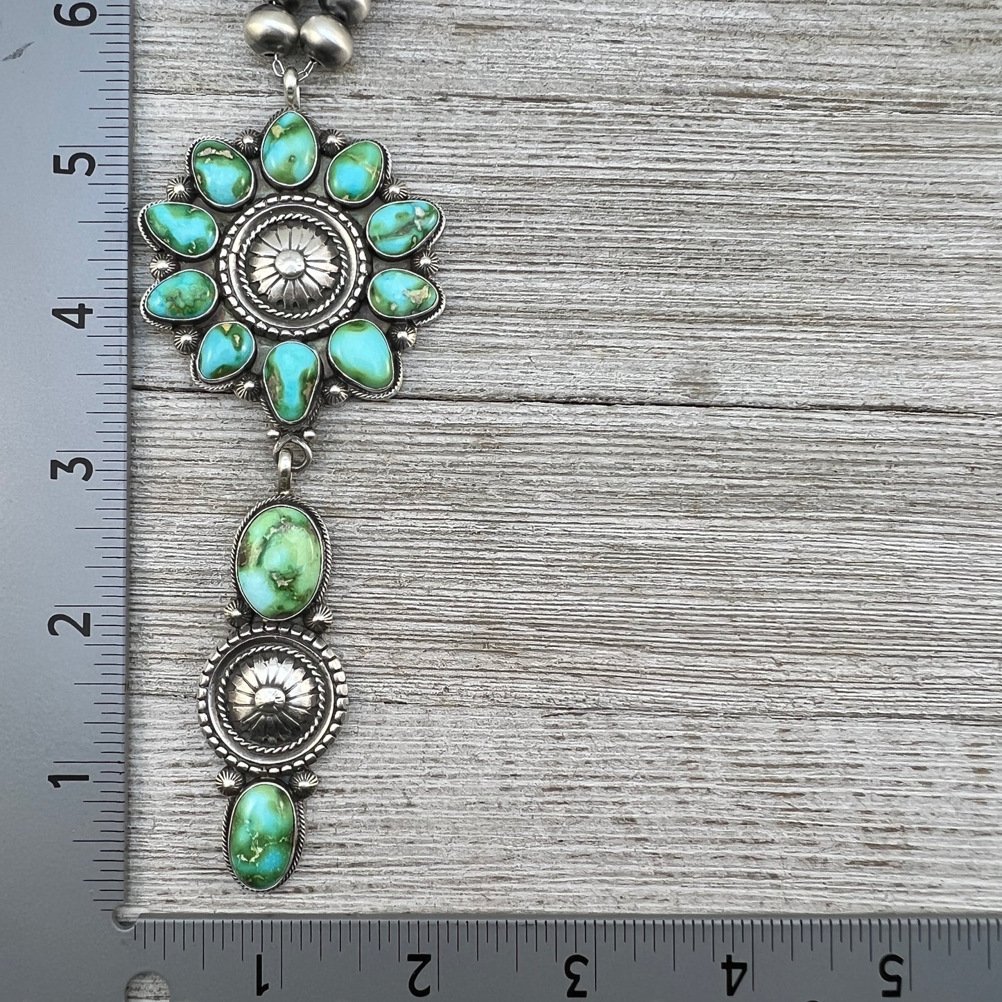 21" Sonoran turquoise Navajo Necklace Sterling Silver Pearls 10mm beads