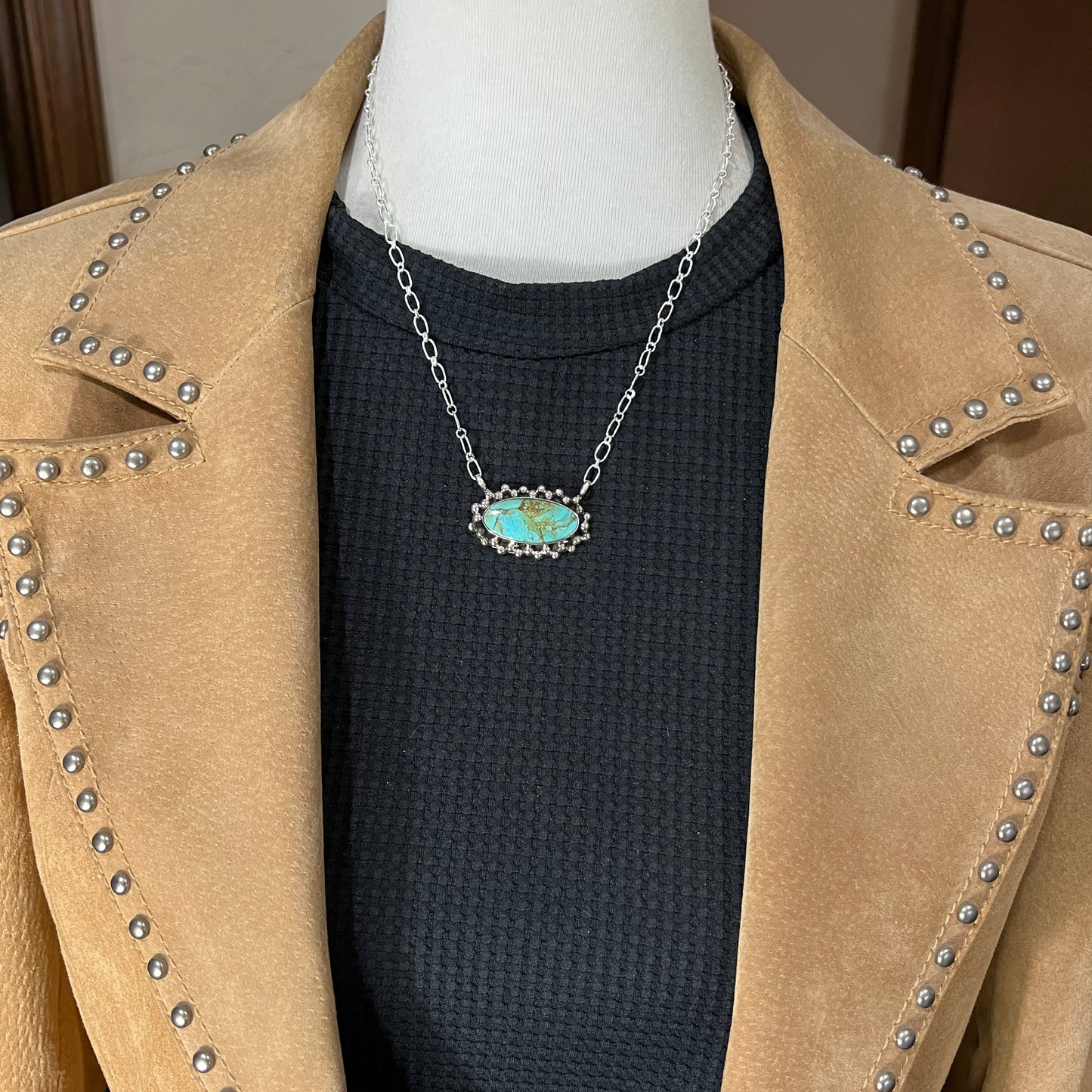 Kingman turquoise oval bar station necklace 1 sterling silver Gregg Yazzie