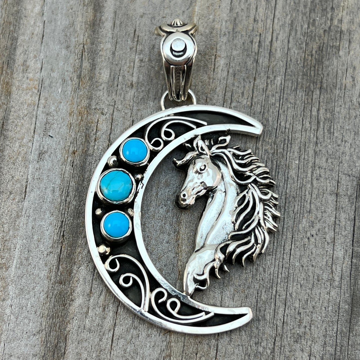 Blue turquoise horse moon pendant sterling silver Jennifer Cayaditto Navajo 820