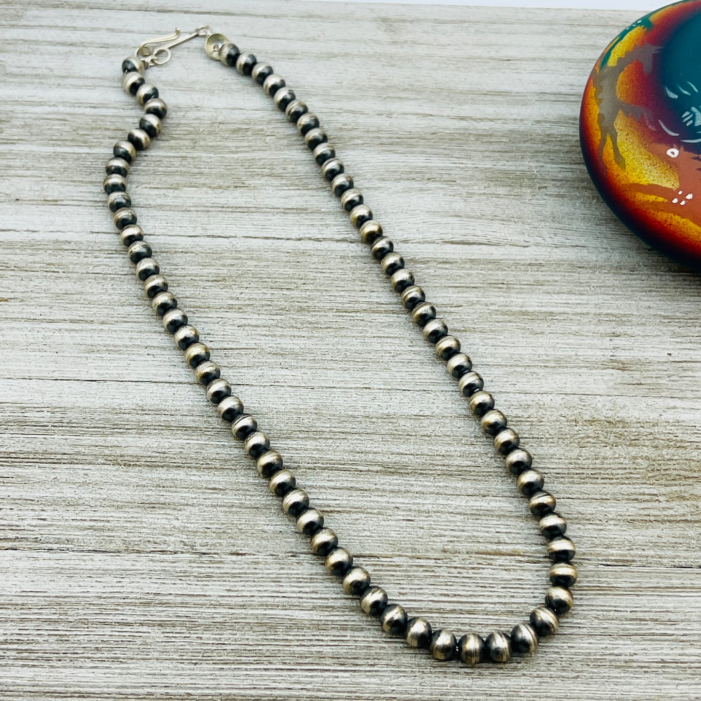 20" Sterling silver Navajo handmade 7mm round bead Pearl necklace Dorinda Mariano signed