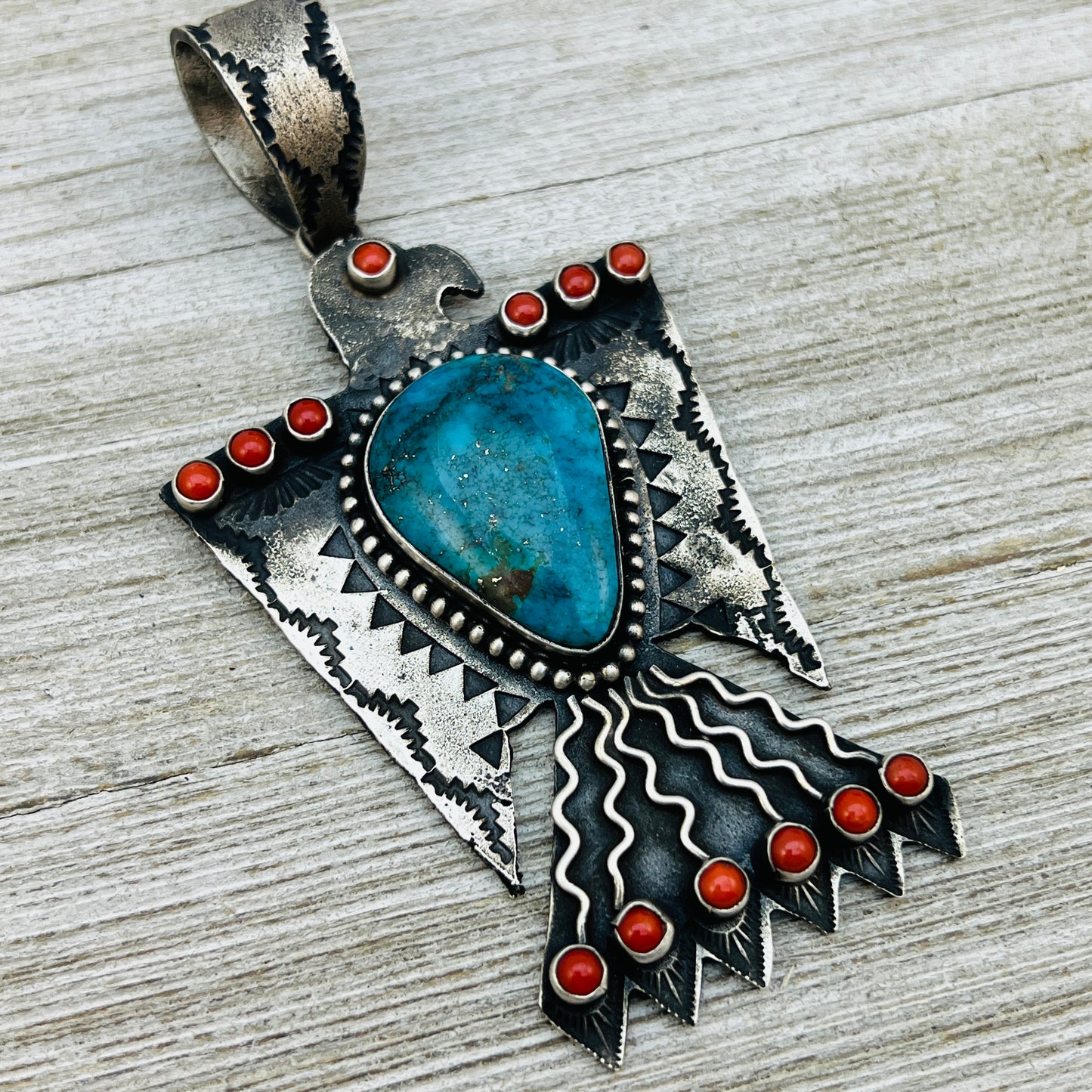 large Heavy Thunderbird Pendant Turquoise Coral Shawn Cayatineto Sterling Silver