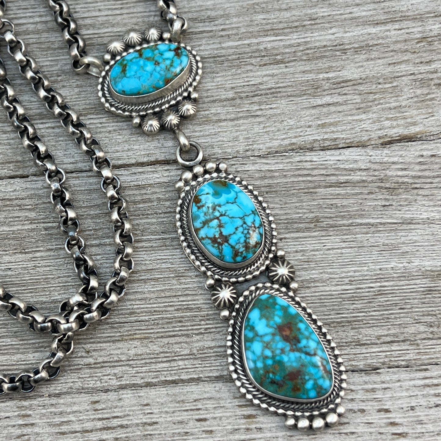 24” Kingman turquoise Necklace 5, Sterling Silver Rolo Chain Tom Lewis Navajo