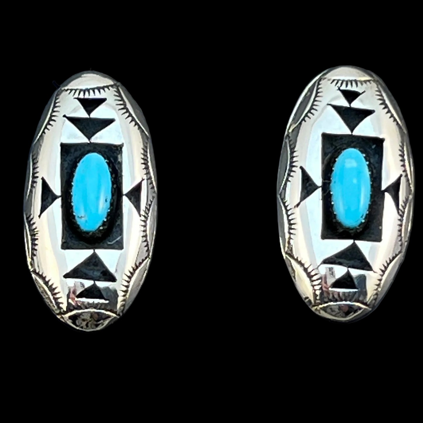 oval concho shadowbox post stud earrings, sterling silver turquoise Felix Perry 835