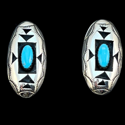 oval concho shadowbox post stud earrings, sterling silver turquoise Felix Perry 835
