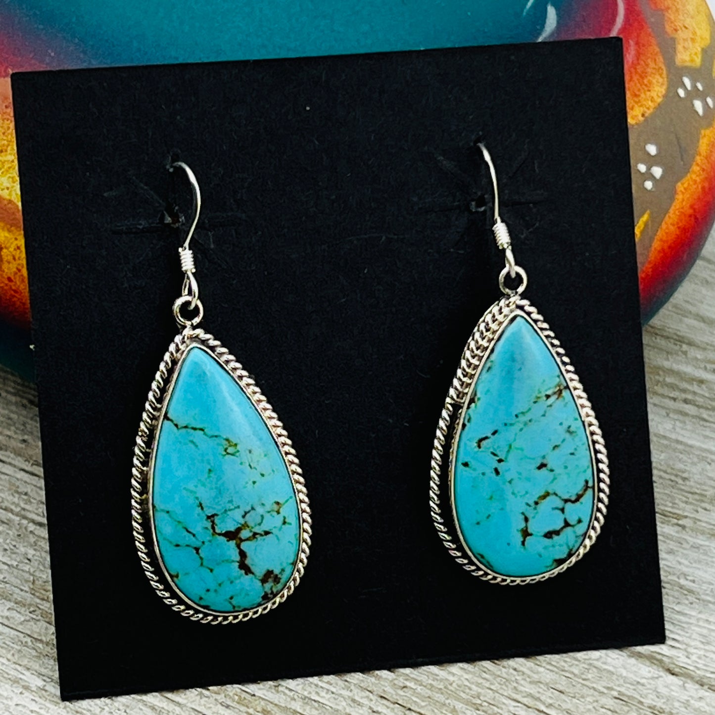 Blue turquoise teardrop earrings sterling silver Sharon McCarthy Navajo ER53