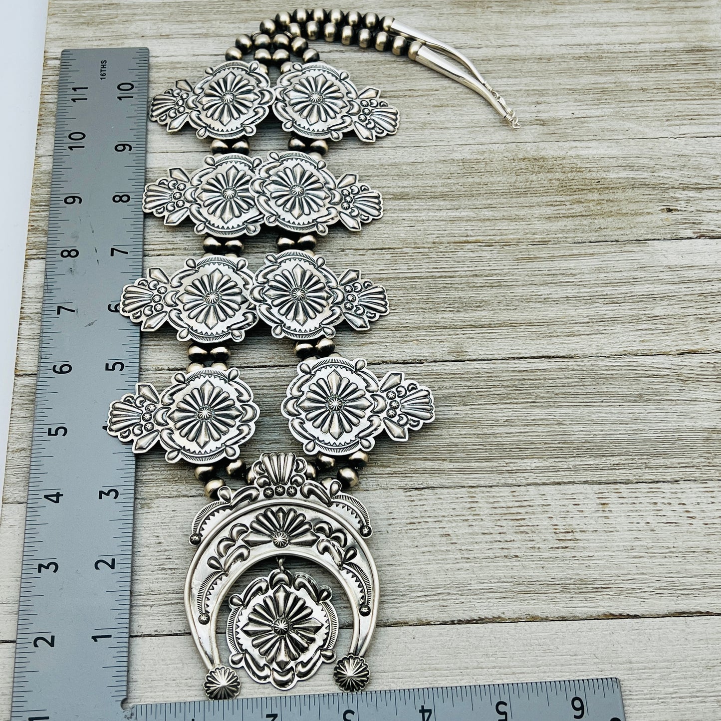 Large all silver Terry Charlie Squash Blossom Necklace Stamped repousse Navajo handmade NK1