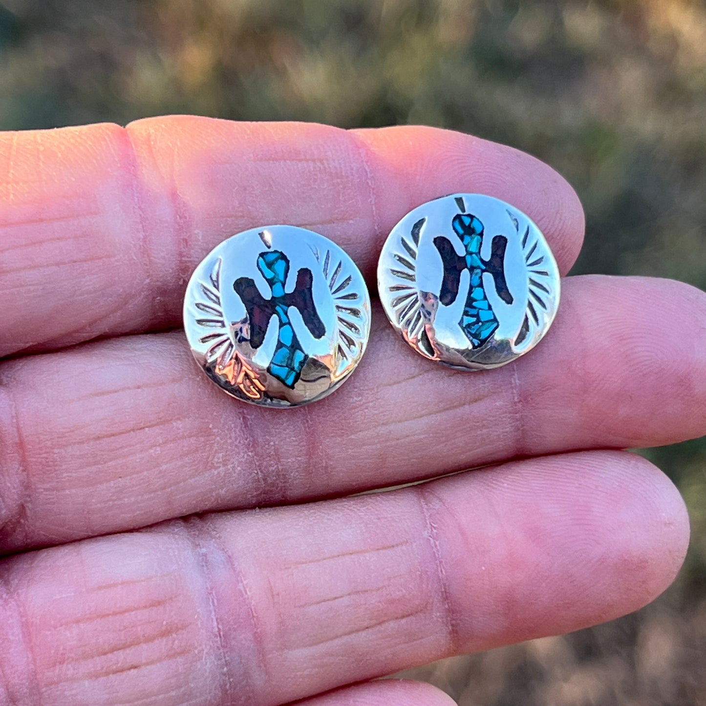 Turquoise Chip inlay Peyote bird small concho earrings Sterling silver Jolene Yazzie