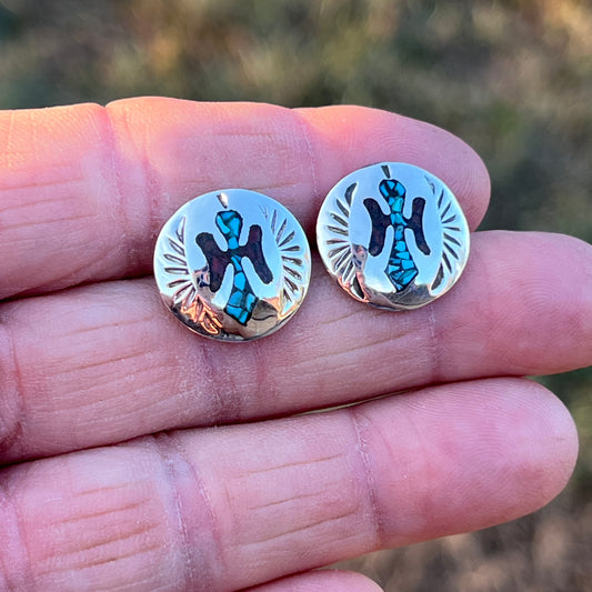Turquoise Chip inlay Peyote bird small concho earrings Sterling silver Jolene Yazzie