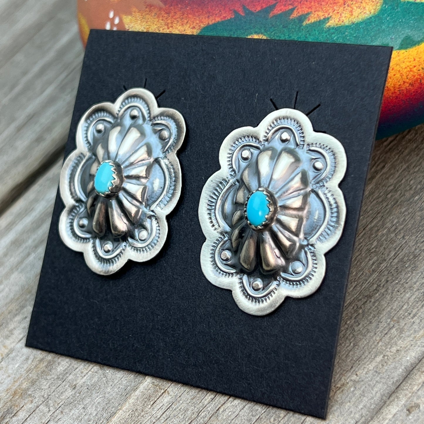 Turquoise stamped concho earrings sterling silver Lavina Benally Navajo 712