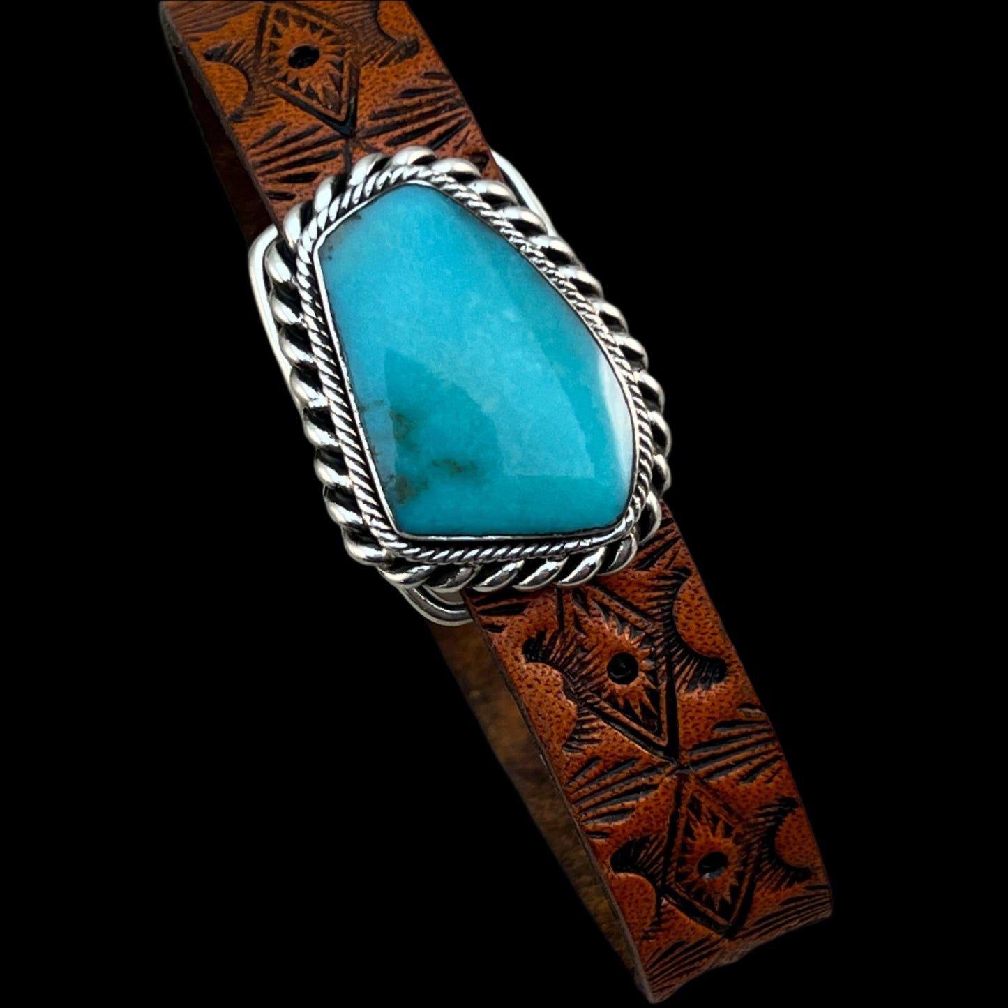 Real Turquoise leather Sterling silver bracelet adjustable Navajo Mike Smith Size 7, 7.5