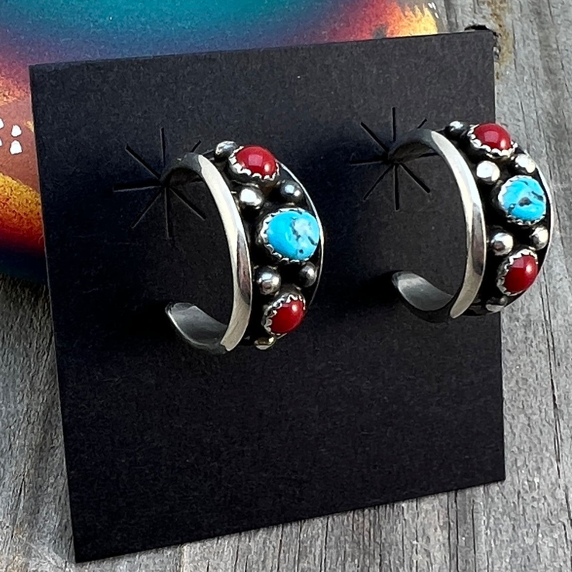 7/8" Turquoise Red Coral Hoop Earrings Navajo handmade by Paul Largo sterling silver 644