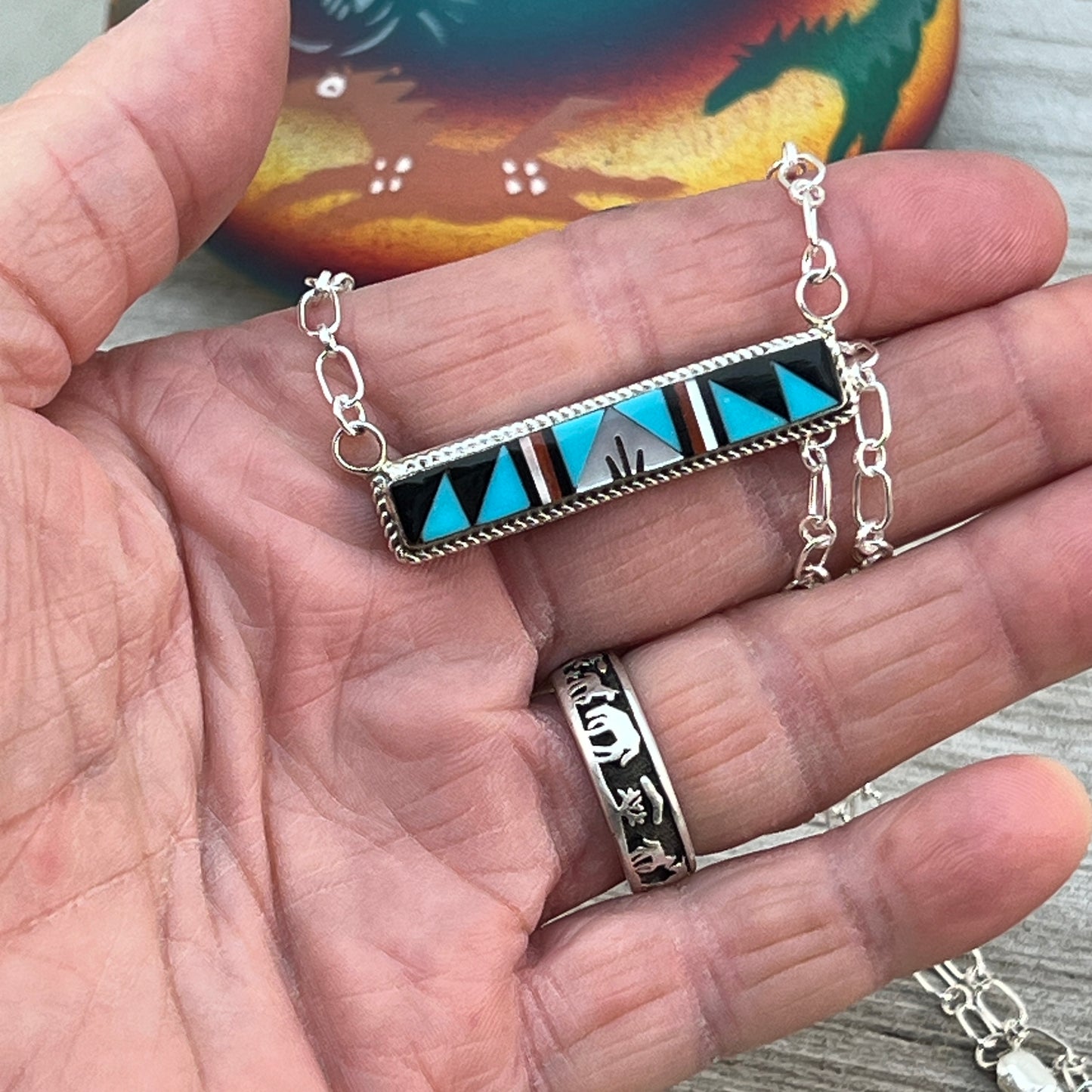 19" Zuni inlay turquoise coral Sterling silver Bar Necklace Rydell and Lynette Yuselew
