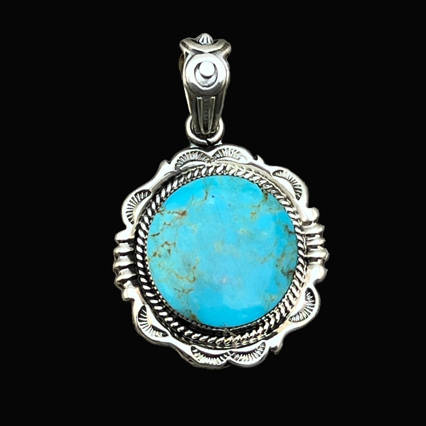 Kingman Turquoise Pendant Sterling silver Navajo handmade Jeremy Delgarito 760