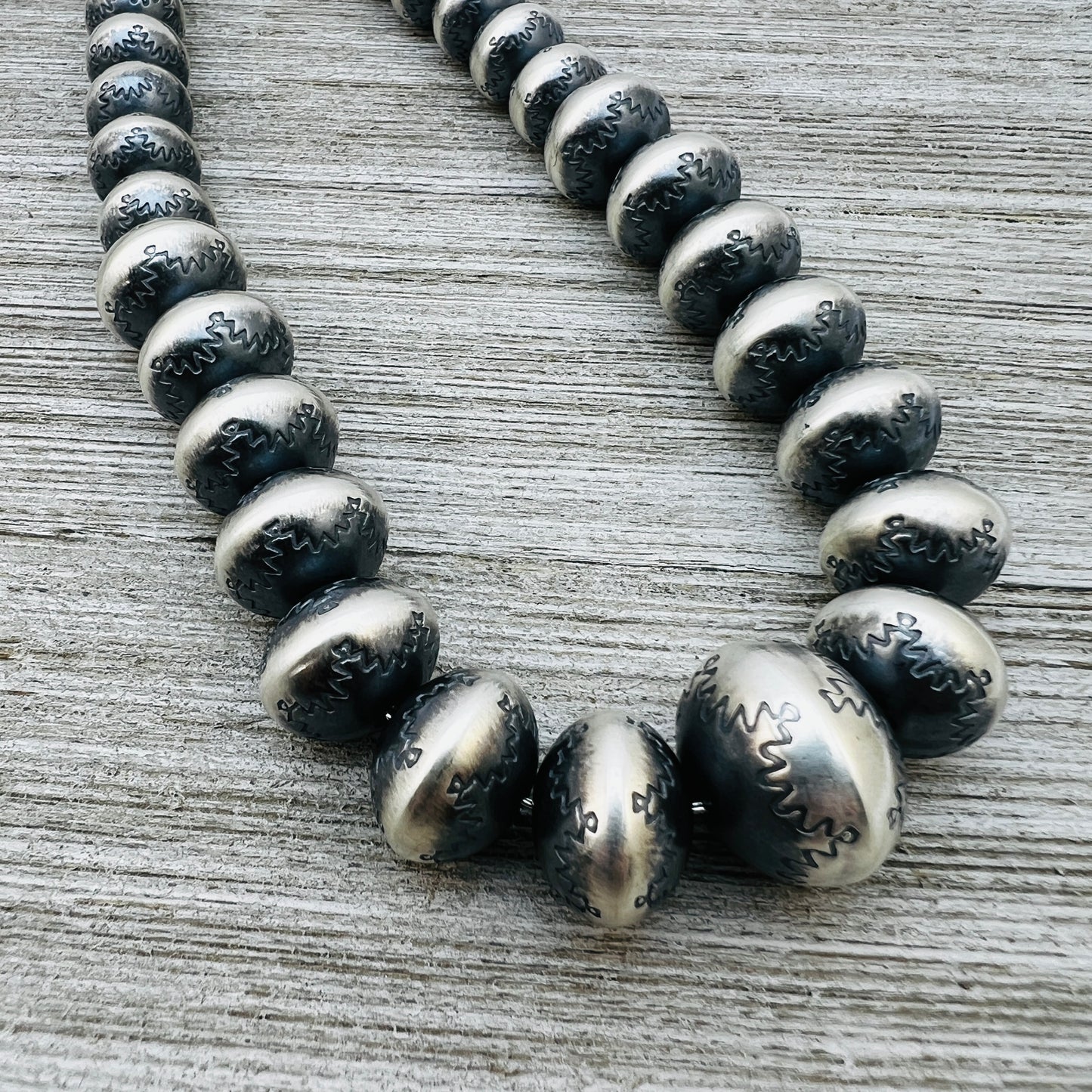 24" Sterling silver Handmade Navajo Pearl Graduated stamped bead necklace Bryannen Halwood signed