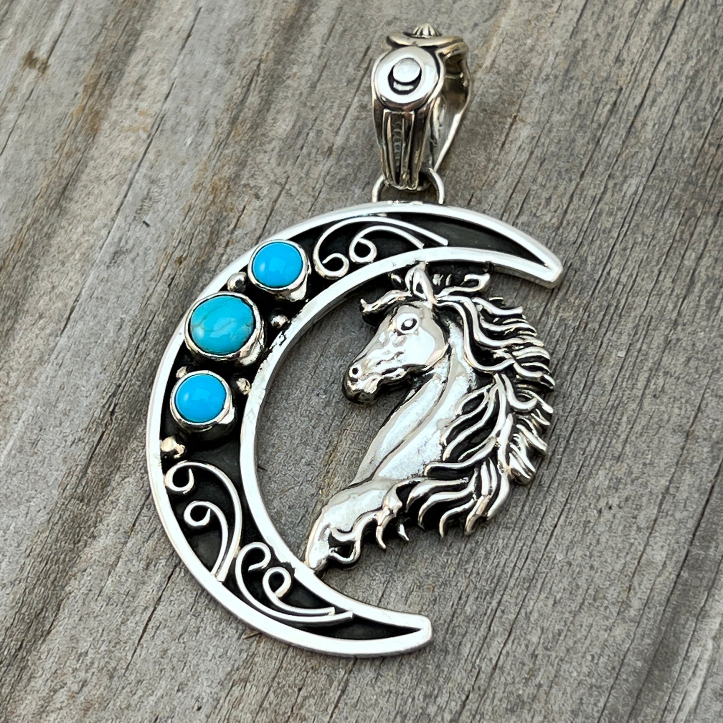 Blue turquoise horse moon pendant sterling silver Jennifer Cayaditto Navajo 820