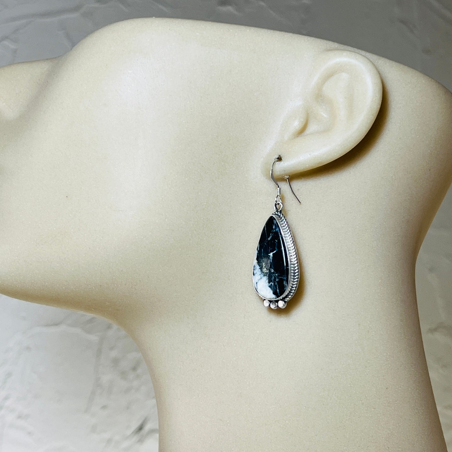 White Buffalo stone dangle earrings sterling silver Sharon McCarthy Navajo ER50