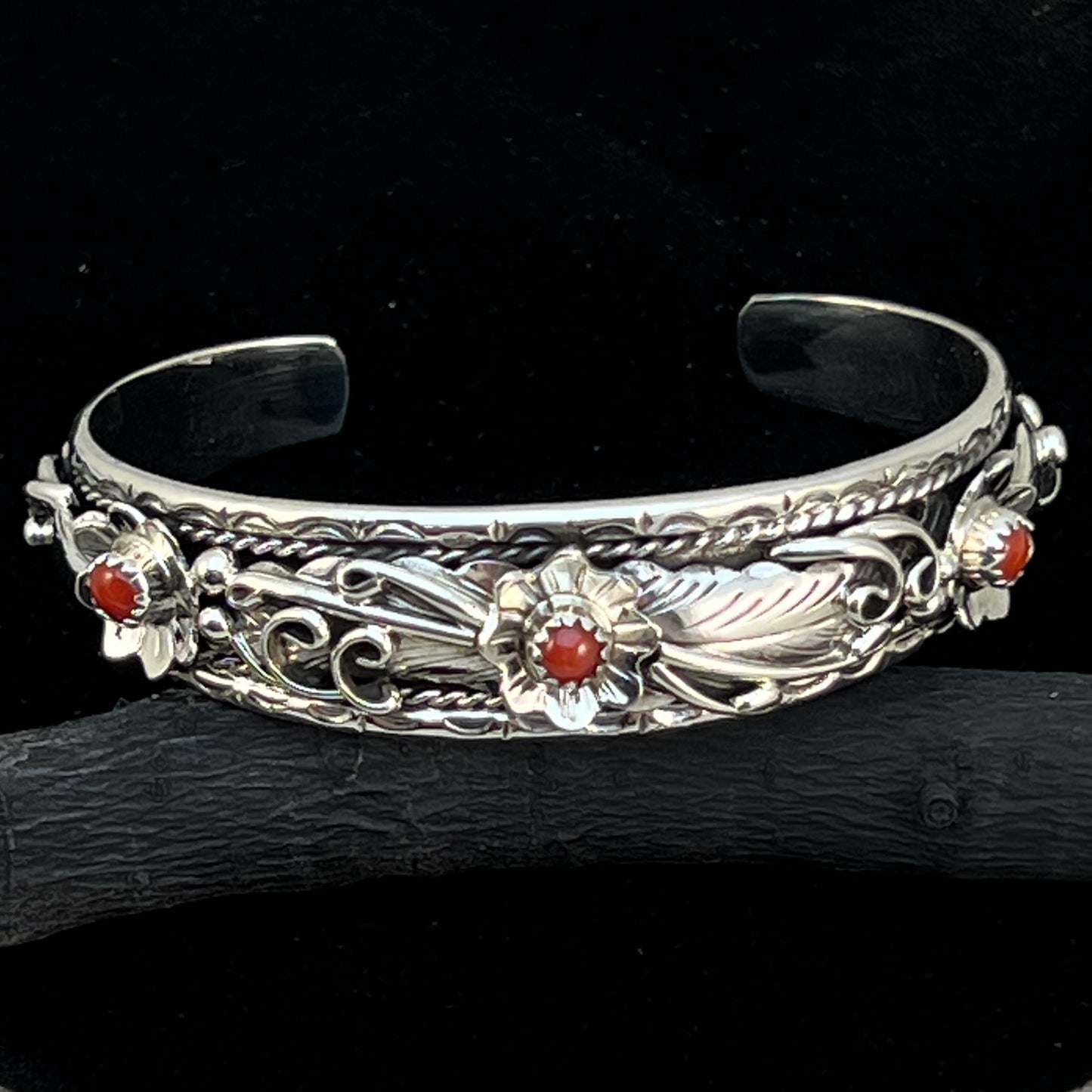 6 1/2" Narrow Floral sterling silver bracelet Navajo handmade Bessie Joe signed red coral