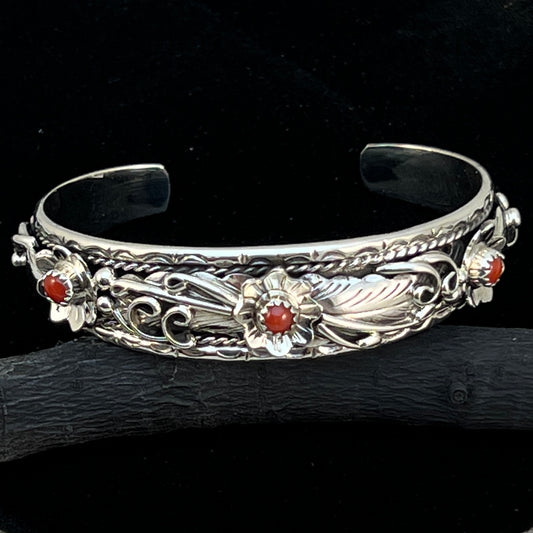6 1/2" Narrow Floral sterling silver bracelet Navajo handmade Bessie Joe signed red coral