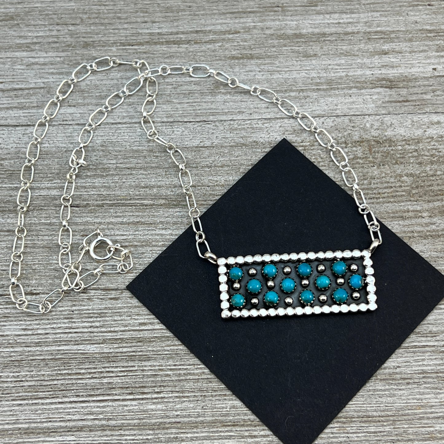18" Zuni Snake Eye Dot Turquoise Sterling silver handmade Bar Necklace Kenny Lonjose 4