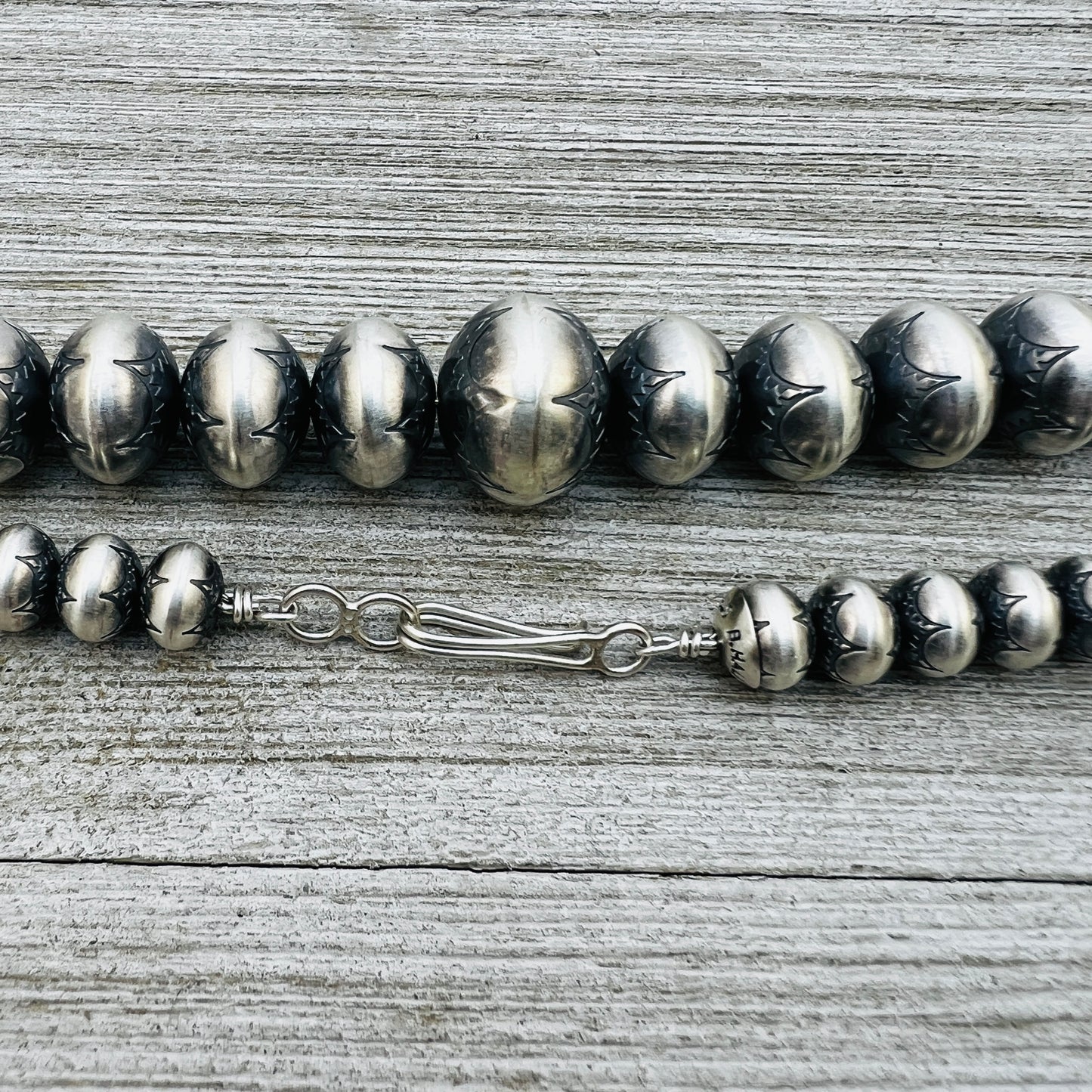 28" Sterling silver Handmade Navajo Pearl Graduated stamped bead necklace Bryannen Halwood signed
