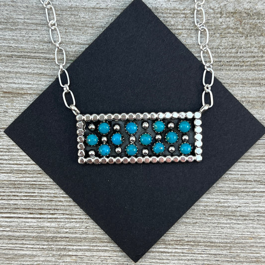 18" Zuni Snake Eye Dot Turquoise Sterling silver handmade Bar Necklace Kenny Lonjose 2