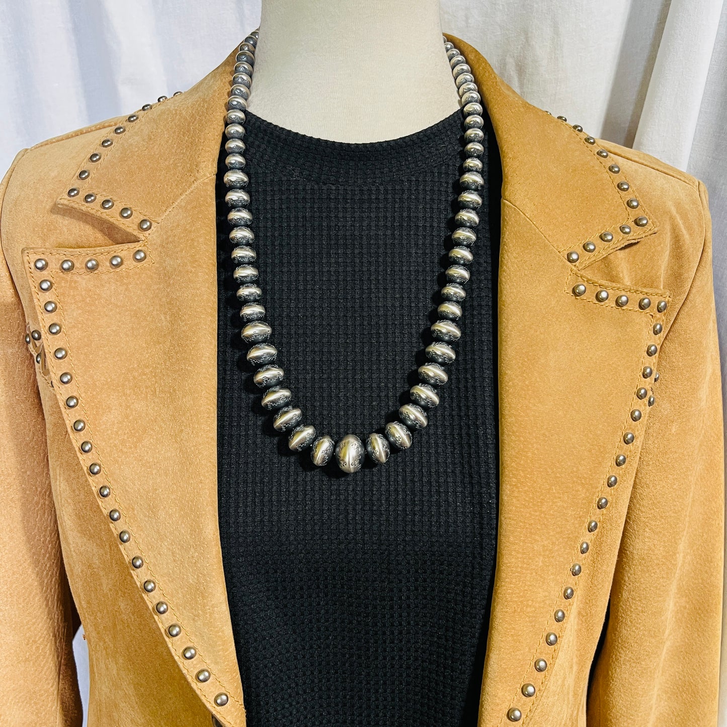 24" Sterling silver Handmade Navajo Pearl Graduated stamped bead necklace Bryannen Halwood signed