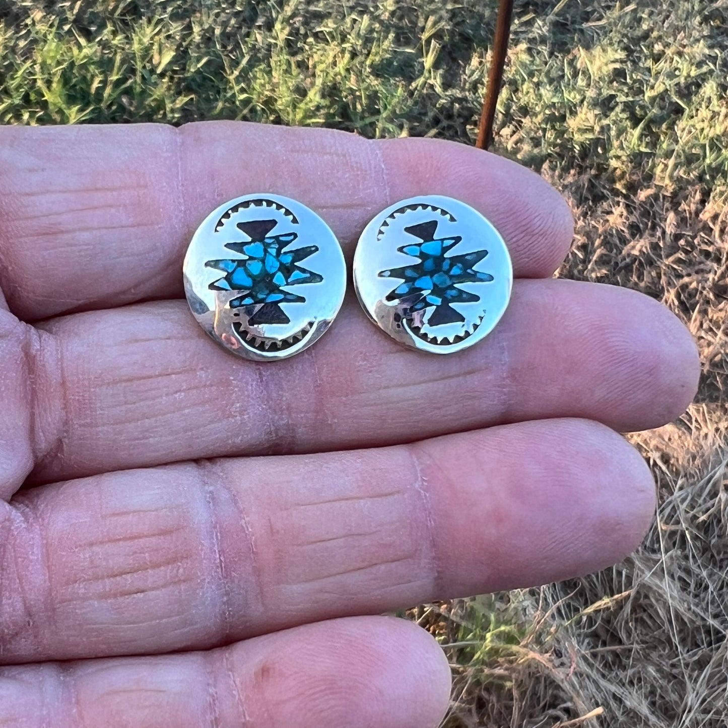 Turquoise Chip inlay Southwest small concho earrings Sterling silver Jolene Yazzie