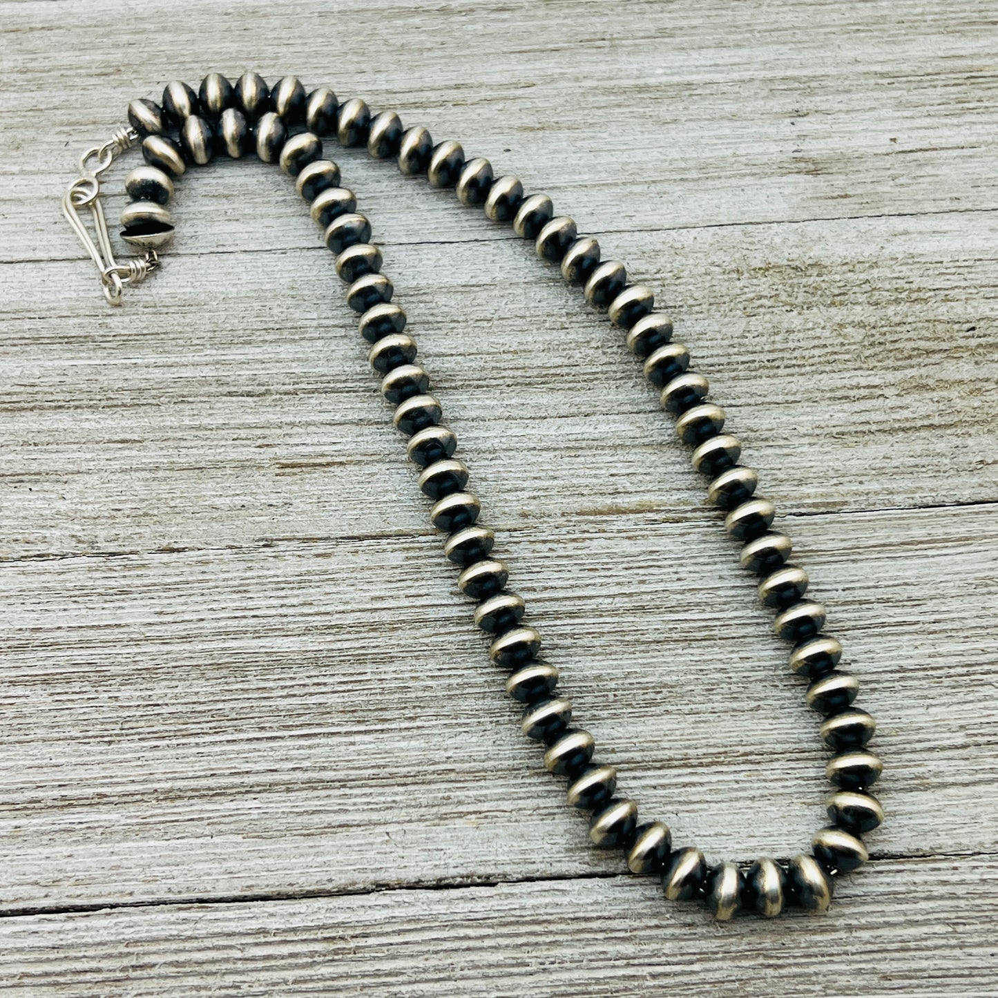16" Sterling silver Navajo handmade 7mm oval bead Pearl necklace Bryannen Halwood 703