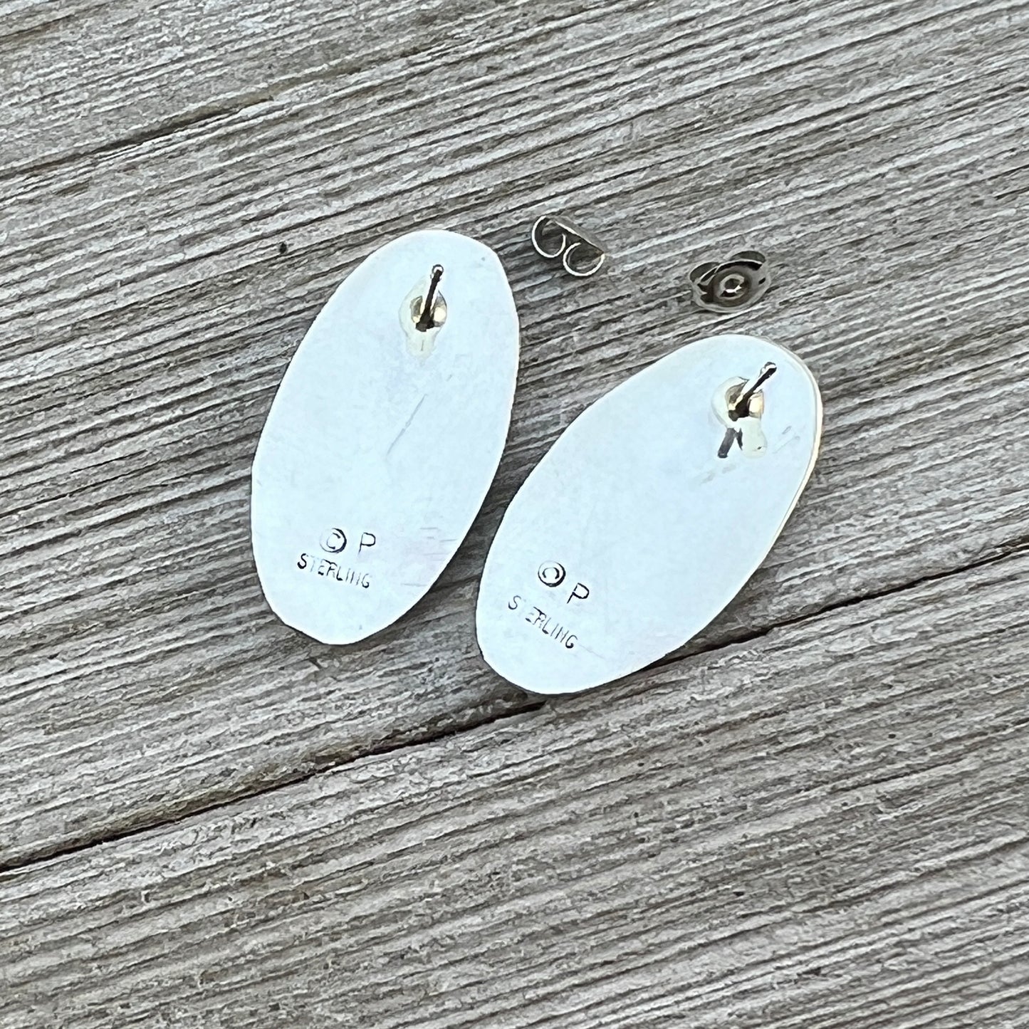 oval concho shadowbox post stud earrings, sterling silver turquoise Felix Perry