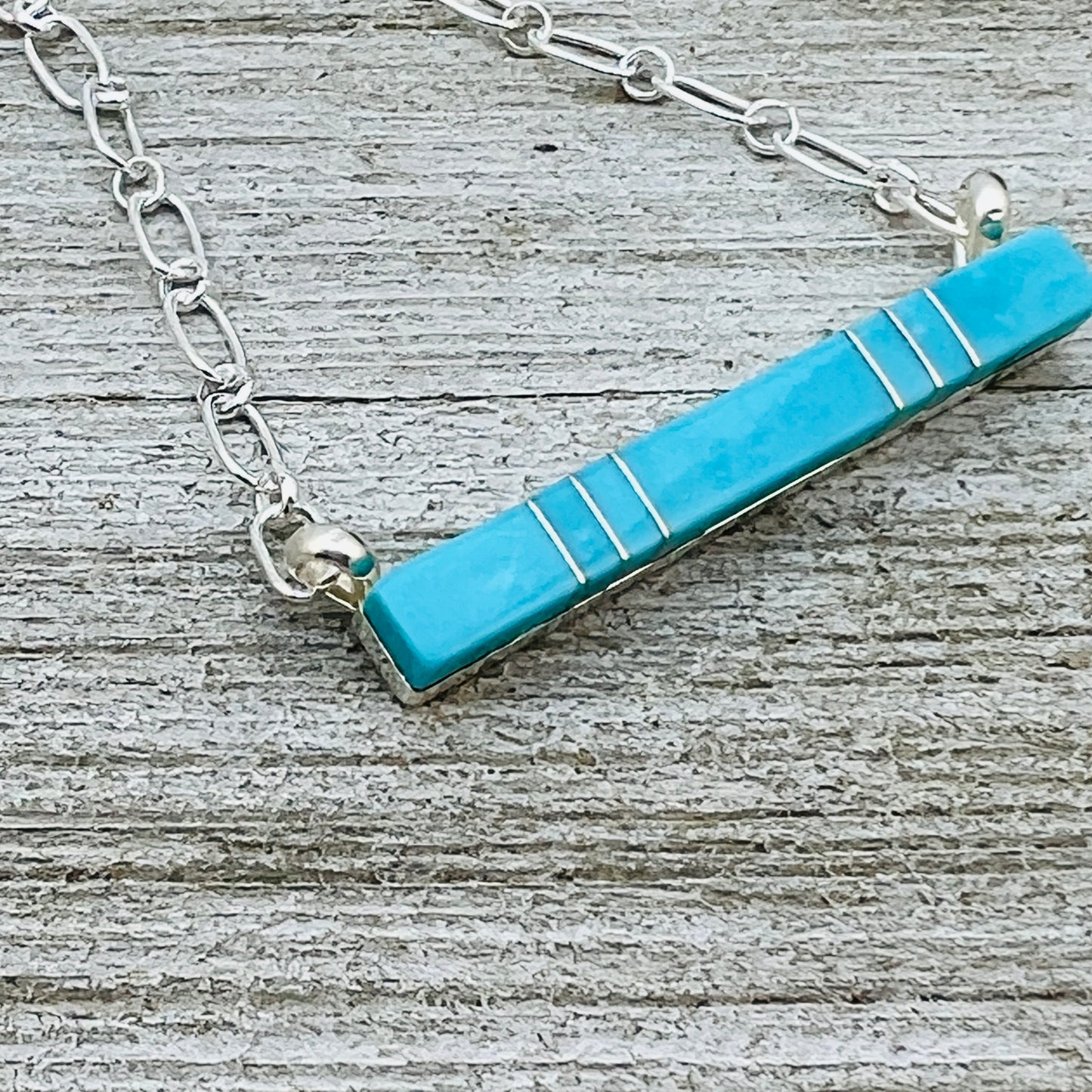 18" Turquoise inlay skinny bar necklace Zuni handmade MaDerral Kallestewa