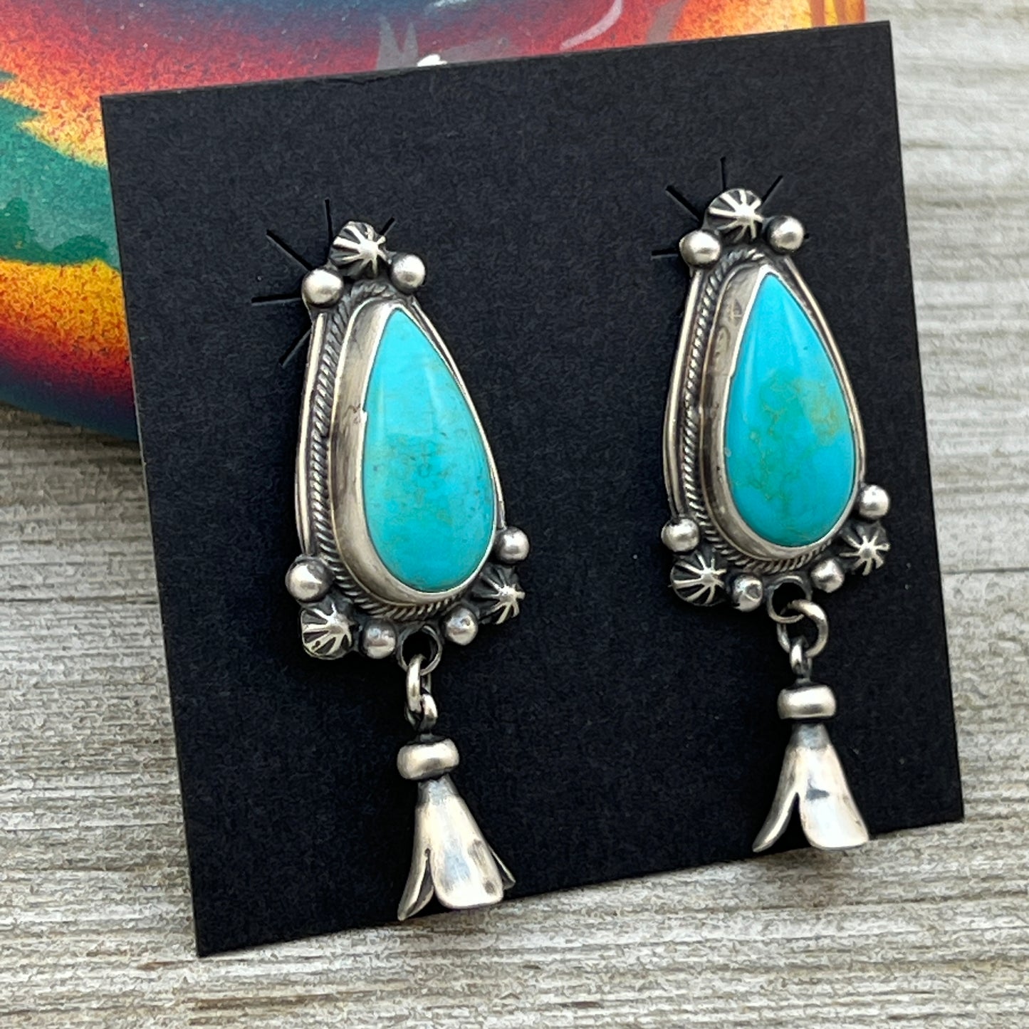 Sonoran Turquoise Navajo Squash Blossom Earrings Bobby Johnson signed Sterling silver ER4