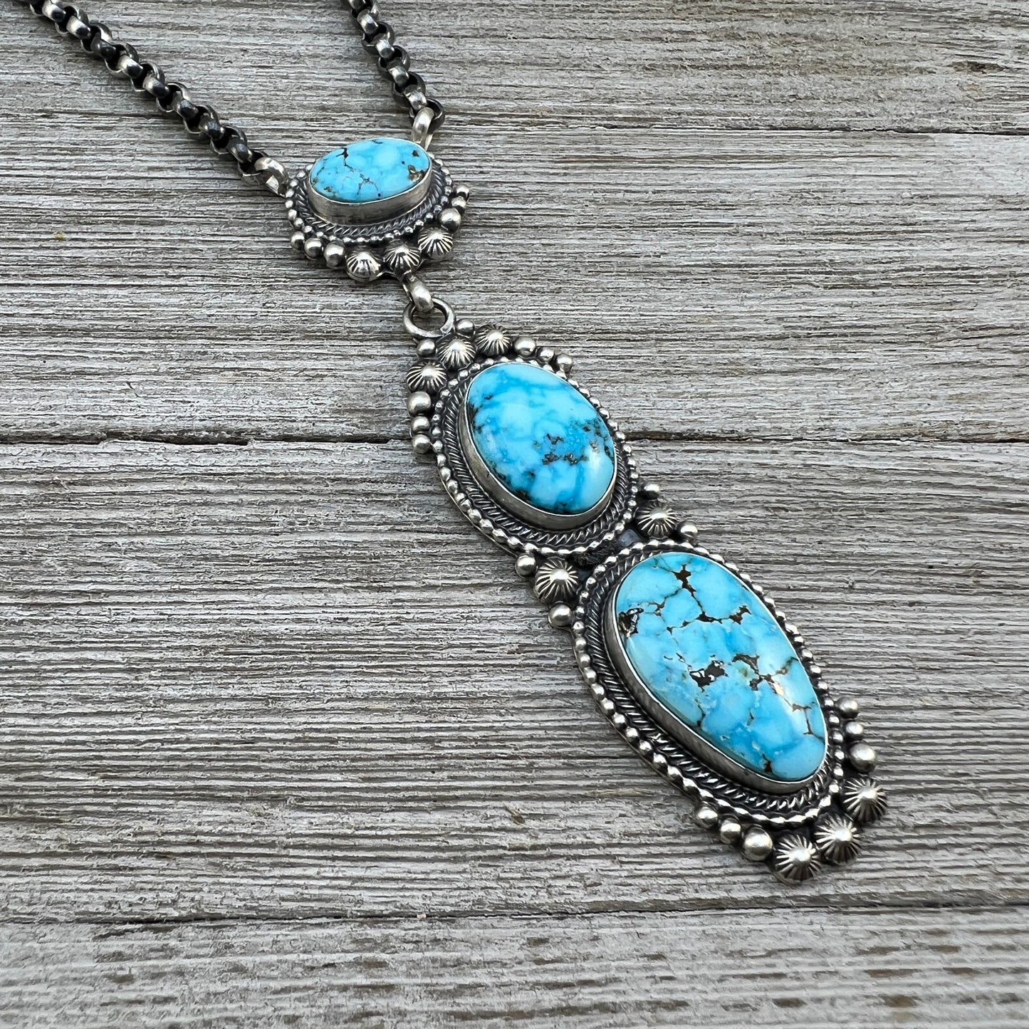 23" Blue Spiderweb Kingman turquoise Necklace, Sterling Silver Rolo Chain Navajo