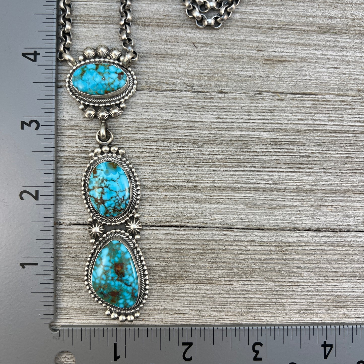24” Kingman turquoise Necklace 5, Sterling Silver Rolo Chain Tom Lewis Navajo