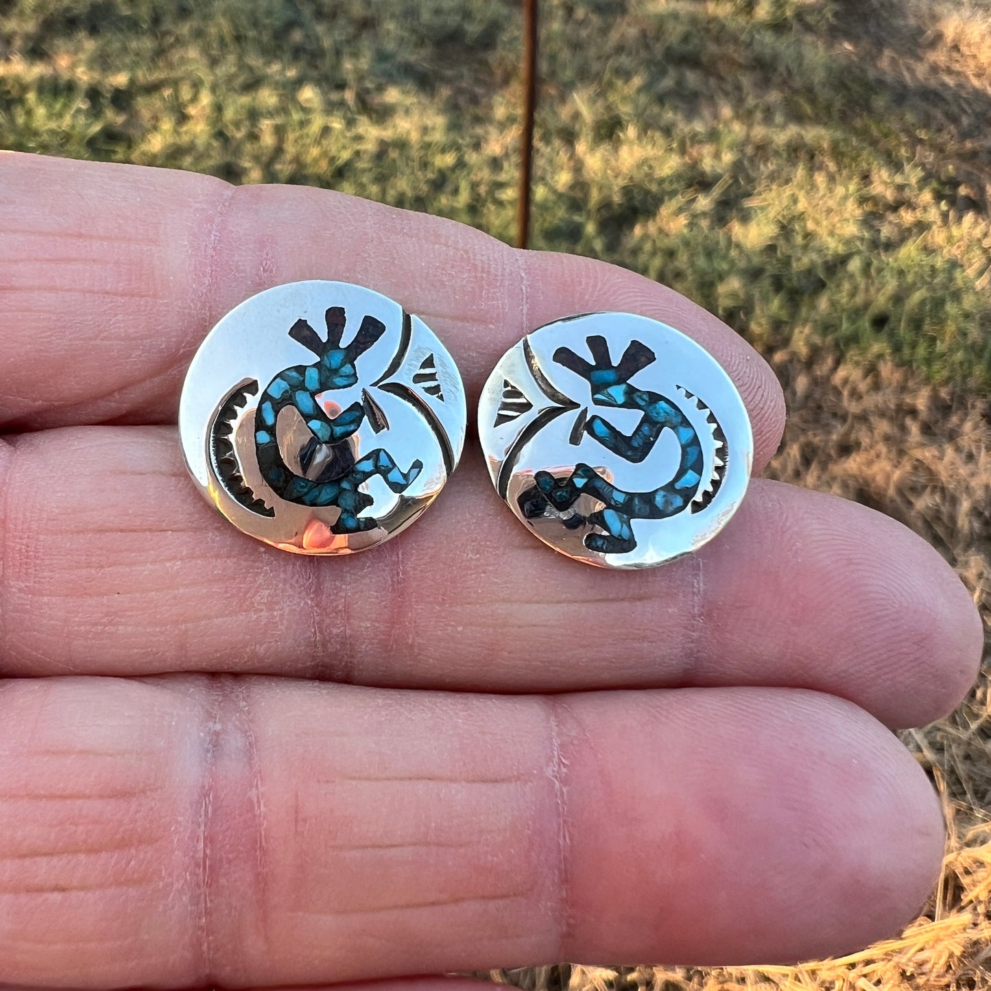 Turquoise Chip inlay Kokopelli small concho earrings Sterling silver Jolene Yazzie
